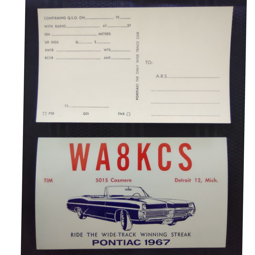 Vintage 1967 Pontiac QSL Ham Radio Card WA8KCS‎ Detroit Michigan Unused